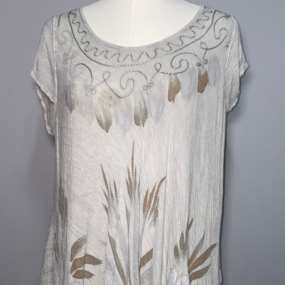 Cream Short Sleeve Embroidered Feather & Botanical Tunic